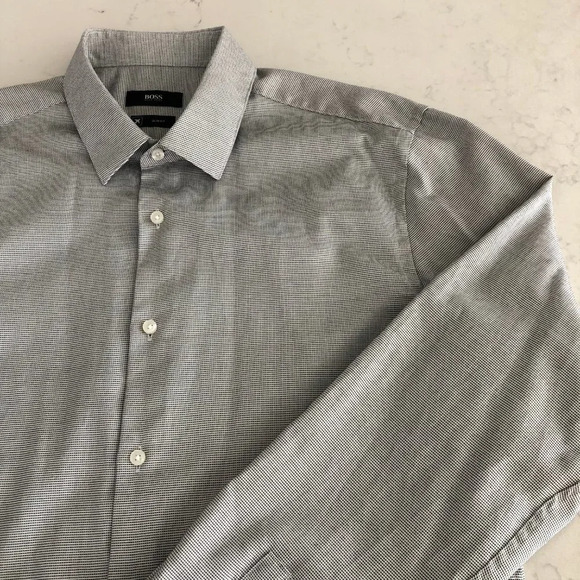 Boss Hugo Boss Isko Slim Fit Button Down Cotton Shirt Black + White Sz 16.5 NWOT - Picture 8 of 15